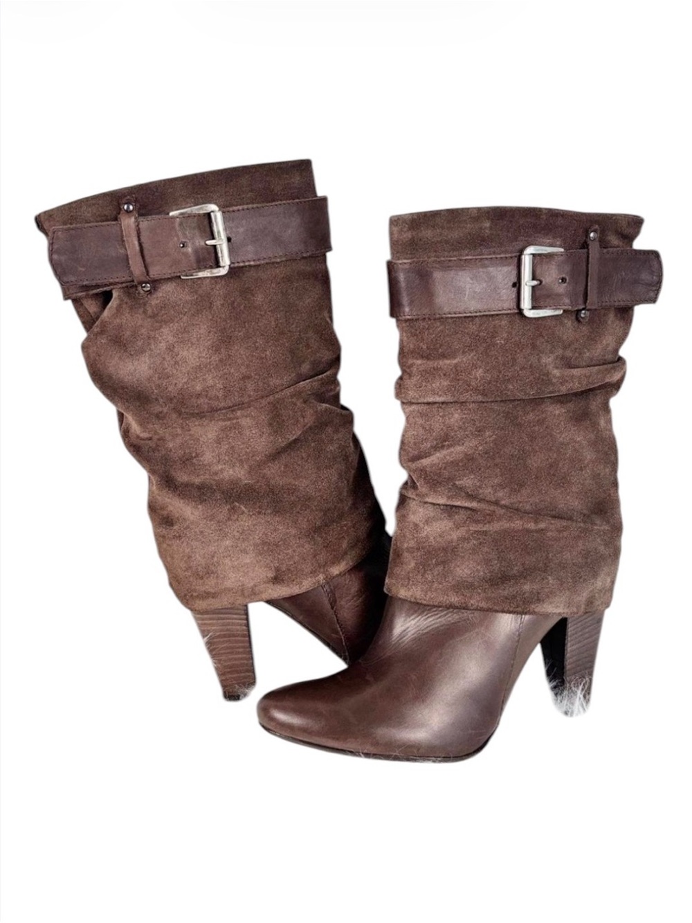 Brown Suede Slouch Boots with Buckle